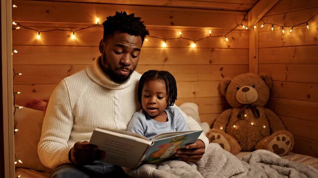 father and child reading book in bedroom at night. string light casts glow across blanket and teddy. storytime captured with open book between father and child. wood wall frames bed. plush throw.