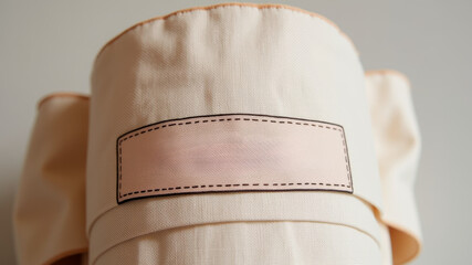 Blank textile label sewn onto beige cap front with visible stitching around edge