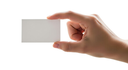 Hand holding a blank white business card or credit card.