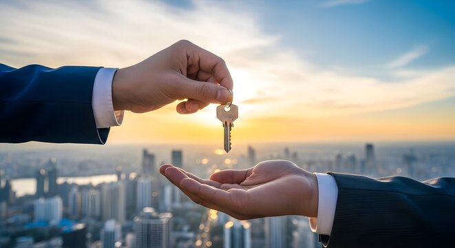 Handing over a key to a new home or property, symbolizing real estate transaction and ownership transfer