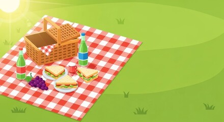 Fototapeta premium Picnic spread with sandwiches and grapes on a red and white checkered blanket in a sunny park with green grass for family outdoor activity.