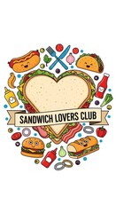 Fototapeta premium Heart-shaped sandwich with cartoon hot dog, taco, burger, and sub around it. Food lover club concept illustration for restaurant menu or social media post.