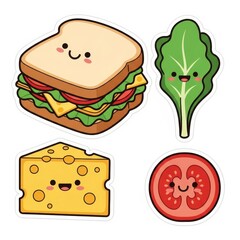 Fototapeta premium Cute cartoon sandwich with cheese, tomato, and lettuce stickers. Simple food illustration for children design, happy healthy meal.