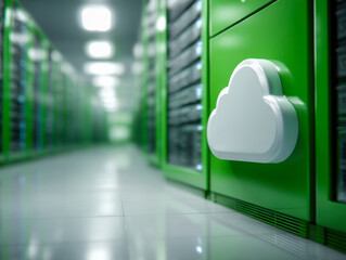 Modern green server room with white cloud-shaped icon symbolizing cloud computing and digital data management in futuristic technology environment