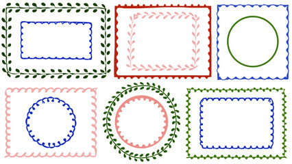 Doodle coastal frame set, hand drawn colorful border collection. Elegant retro empty banner, poster, placard, postal stamp. Doodle frame décor. 