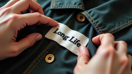 Closeup hands holding long life tag while sewing label onto zipper seam of dark jacket