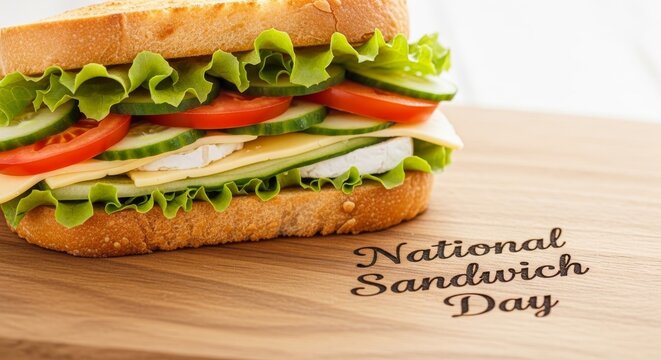 Delicious sandwich with fresh vegetables and cheese on a wooden board with National Sandwich Day text, celebrating a quick and healthy meal.