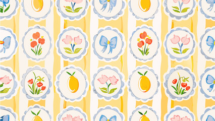 Italian seamless vector pattern with butterfly, lemon, flower, cherriy, bow, cameo, in vintage frame. Stripes make it perfect for fabric, wrapping, and spring.