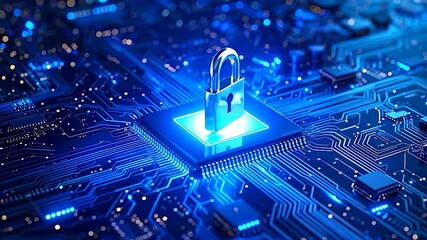 A digital padlock rests upon a glowing microchip, highlighting cybersecurity in a circuit board - Powered by Adobe