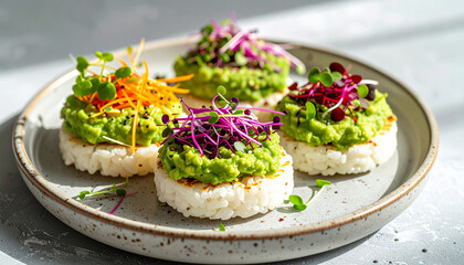 Healthy rice cakes with mashed avocado and fresh microgreens on ceramic plate. Tasty food.