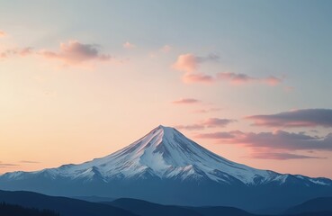 Fototapeta premium Snow-capped mountain peak at dusk. Soft hues of orange and pink in the sky. Clouds are scattered above the mountain. Snowy landscape in the evening. Mountain range in the background.