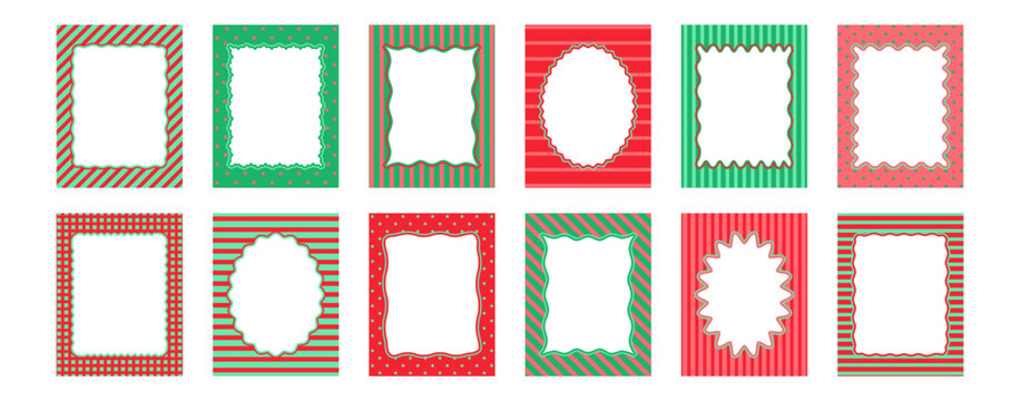 Christmas whimsical stripe frame, Xmas vintage bachelorette border, menu frame red and green color. Pretty groovy invite for party. New Year decorative card isolated on bg. Holiday vector illustration
