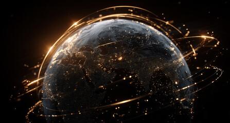 Digital globe with glowing lines and light trails, representing global connectivity and technology, showcasing the interconnectedness of modern communication and information exchange