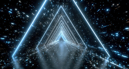 Futuristic tunnel with glowing blue triangular lights and sparkling particles creates a mesmerizing visual experience, showcasing a captivating digital landscape and immersive atmosphere