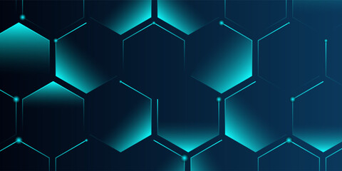 Abstract hexagon blue background banner futuristic business data technology modern concept, polygon shape lines connecting link dark blue contrast