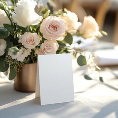 Elegant floral arrangement featuring soft pink roses and white blooms in a golden vase, accompanied by blank card with copy space for personalized messages or invitations