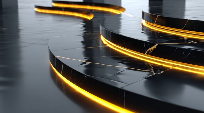 Fototapeta Series of steps with a black marble floor and a yellow light. The steps are curved and the floor is shiny