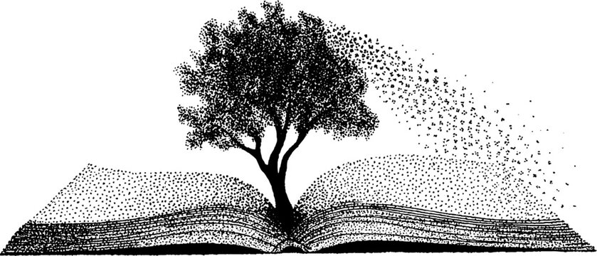 Enchanting tree growing from open book in dotwork style for educative designs