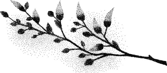 Vintage black and white illustration of frosty twig with dotwork texture