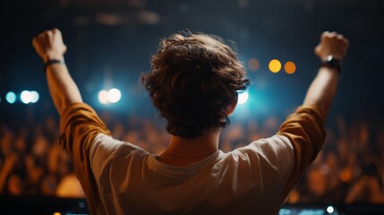 Energetic dj performing at nightclub crowd celebrating music event dynamic atmosphere