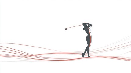 Silhouette of a female golfer in mid-swing, surrounded by dynamic flowing lines, capturing the essence of movement and grace in the sport of golf with a modern artistic touch