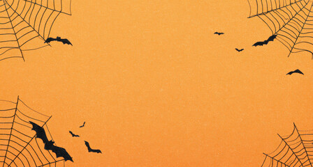 Halloween-themed illustration featuring black bats and spider webs against a vibrant orange background, creating a spooky atmosphere perfect for seasonal designs and decorations