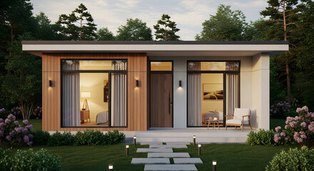 Modern Prefab Modular Home Exterior with Flat Roof and Wood Accents | Sustainable Architecture and Minimalist Design for Real Estate Marketing and Eco-Friendly Living