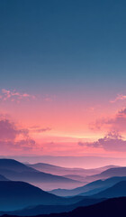 Serene landscape featuring layered mountains under a vibrant sunset sky, showcasing a gradient of colors from deep blue to soft pink, evoking tranquility and natural beauty