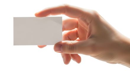 Hand holding a blank white business card for contact information.