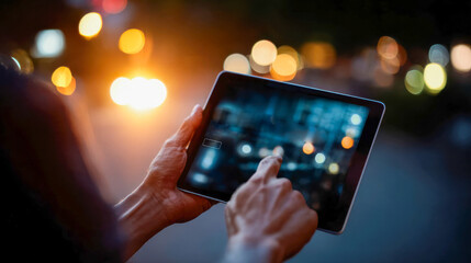 Close-up of hands using a digital tablet in a warm glowing environment