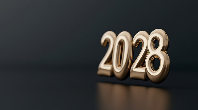 Golden '2028' on a dark background, symbolizing the upcoming year. The glossy numbers reflect light, hinting at prosperity and future hopes. A simple, striking graphic.