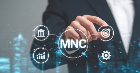 Strategic MNC Vision: A hand interact with an array of interconnected icons, embodying the core of a multinational corporation. Illustrating vision and strategic planning.