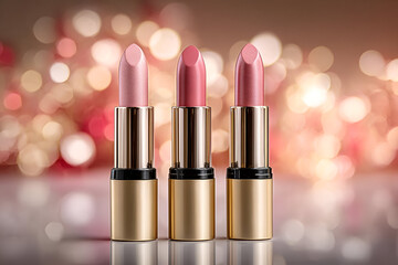 Display of three stylish pink lipsticks in elegant packaging against a beautiful bokeh background.