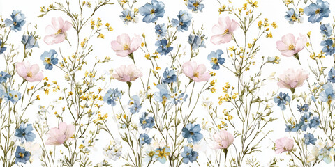 Delicate watercolor floral pattern with soft pink blooms, muted blue flowers, and light green foliage, creating a gentle spring background © DARK TRUST
