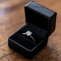 Elegant diamond ring placed in a luxurious black box, symbolizing love and commitment.