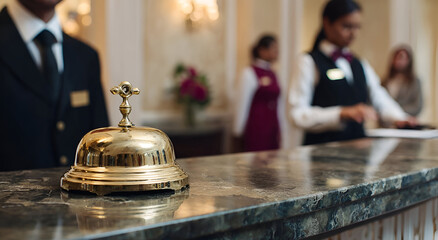 Elegant hotel reception with a brass bell and attentive staff creating a welcoming atmosphere for guests.
