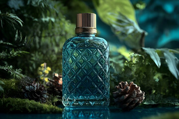 Elegant blue glass bottle surrounded by lush greenery and natural elements, perfect for beverage or fragrance design.