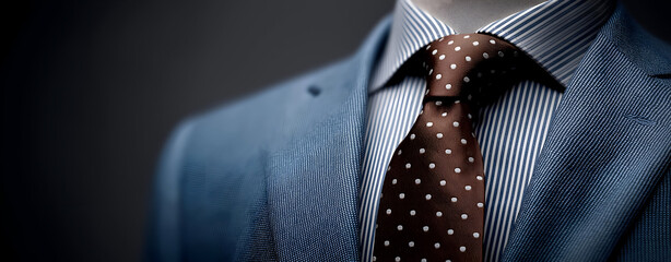 Elegant business attire featuring a tailored suit and a stylish polka dot tie for professional settings.