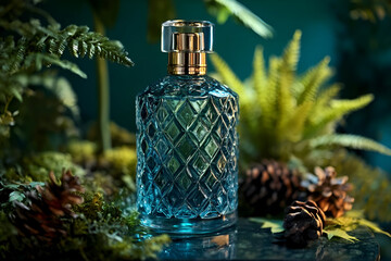 Elegant perfume bottle surrounded by lush greenery and natural elements, capturing a serene essence of nature.
