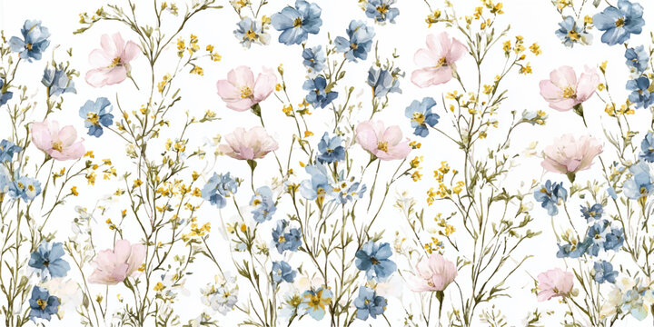 Delicate watercolor floral pattern with soft pink blooms, muted blue flowers, and light green foliage, creating a gentle spring background