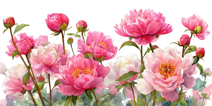 Vibrant watercolor illustration of blooming red and pink poppies with delicate green foliage on a white background	