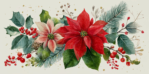 Elegant christmas floral arrangement with red poinsettias and evergreen branches © DARK TRUST