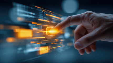 Human finger interacting with futuristic digital touch screen interface displaying glowing orange data blocks in modern technology concept illustration