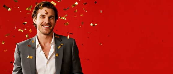 Handsome man in a blazer smiles while gold confetti sparkles on a vivid red background. Lively festive portrait suited for sales banners, announcements, website headers, and social media artwork.