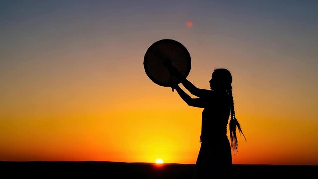 silhouette of woman with traditional shaman drum at vibrant sunset. spiritual ritual celebrating indigenous culture, heritage, and harmony. web design, book cover, banner with copyspace.
