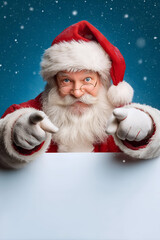 Joyful Santa Claus points at you with a snowy background, embodying the spirit of Christmas and holiday cheer.