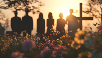 Silhouetted figures stand near a cross, surrounded by colorful flowers at sunset, representing a moment of remembrance.