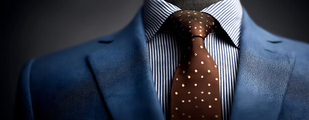 Stylish business suit featuring a blue jacket and a brown polka dot tie, perfect for professional settings.