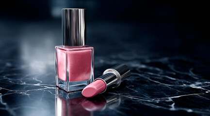 Stylish pink lipstick and nail polish on a marble surface, perfect for beauty and cosmetics themes.