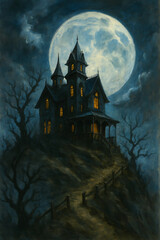 A haunted house on a hill under a full moon.